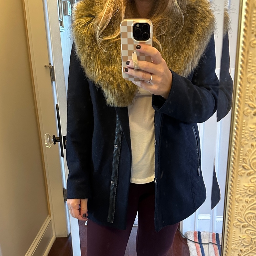 DKNY navy and black Jacket with Faux Fur Collar
